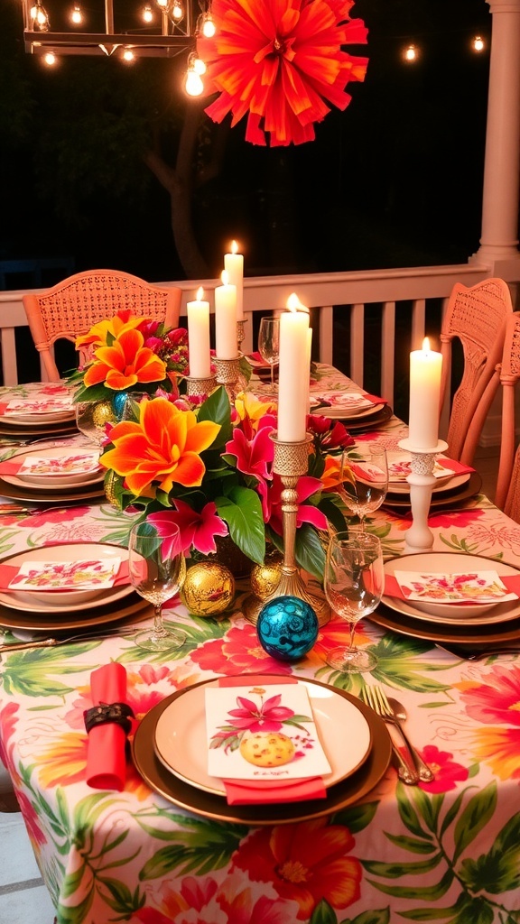 Festive Christmas in July Table Decorations A festive table setting for Christmas in July with tropical flowers, colorful ornaments, and string lights.